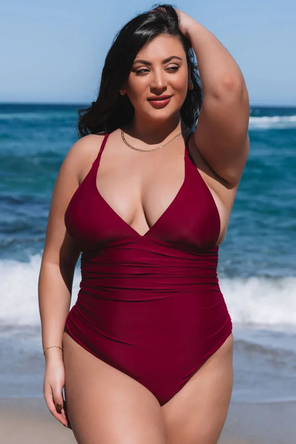 Beachsissi Plus Size Women Plus Size Solid Color Cross Back One Piece Swimwear Purple Red Beachsissi Plus Size Women Plus Size Solid Color Cross Back One Piece Swimwear Purple Red