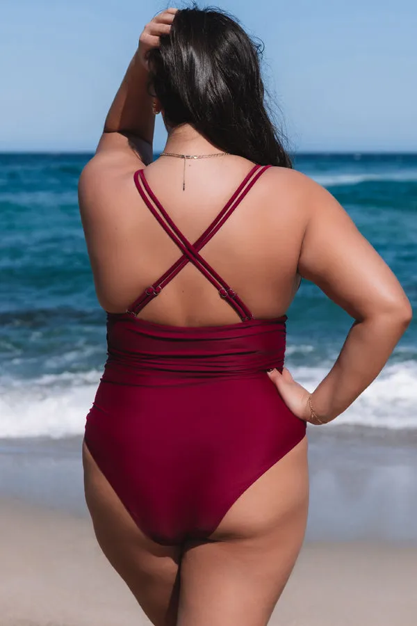 Beachsissi Plus Size Women Plus Size Solid Color Cross Back One Piece Swimwear Purple Red Beachsissi Plus Size Women Plus Size Solid Color Cross Back One Piece Swimwear Purple Red