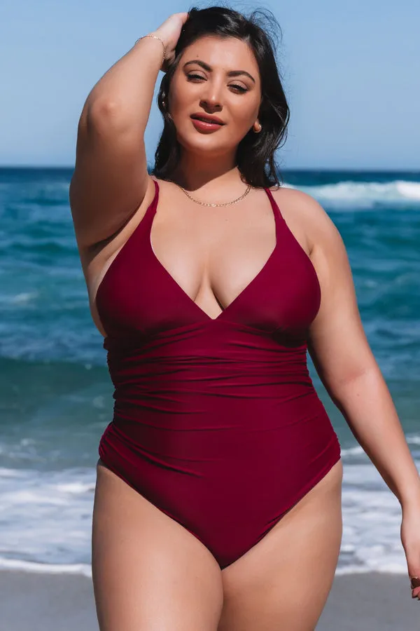Beachsissi Plus Size Women Plus Size Solid Color Cross Back One Piece Swimwear Purple Red Beachsissi Plus Size Women Plus Size Solid Color Cross Back One Piece Swimwear Purple Red