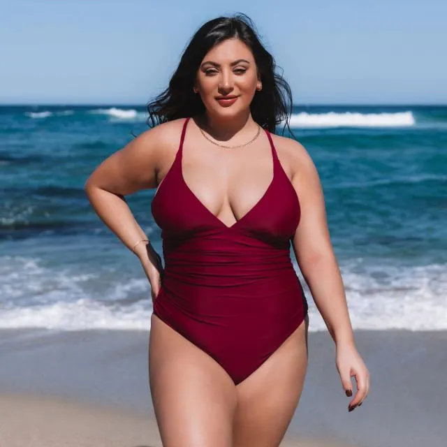 Beachsissi Plus Size Women Plus Size Solid Color Cross Back One Piece Swimwear Purple Red Beachsissi Plus Size Women Plus Size Solid Color Cross Back One Piece Swimwear Purple Red