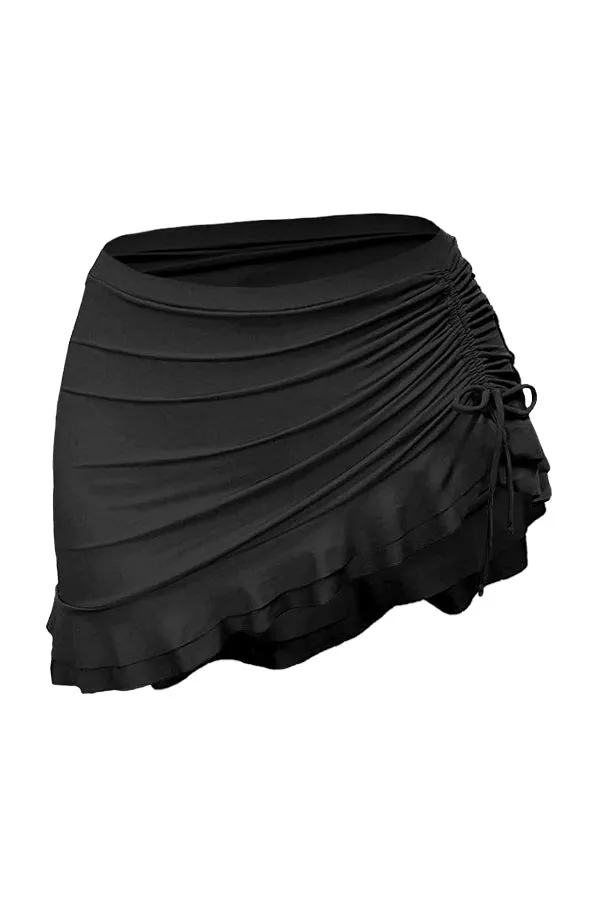 Beachsissi Swim Bottom Women Drawstring Side Ruffle Hem Swim Skirt Black