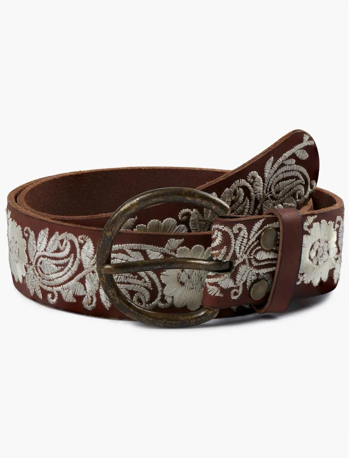 Belts Women Lucky Brand Jenna Brown Embroidered Belt Dark Brown