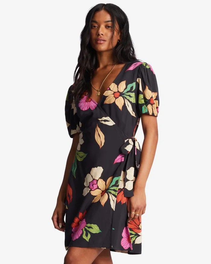 Billabong Dresses Women Hot Tropics Mini Wrap Dress Black Pebble
