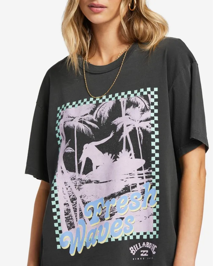 Billabong Graphic Tees and Tanks Women Fresh Waves Oversized TShirt Off Black Billabong Graphic Tees and Tanks Women Fresh Waves Oversized TShirt Off Black