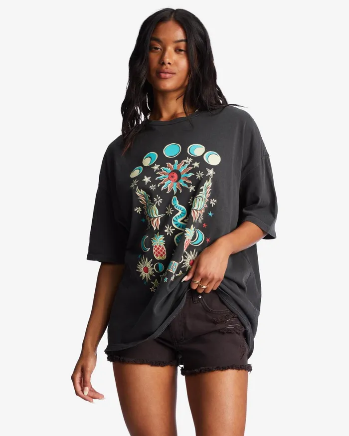 Billabong Graphic Tees and Tanks Women Into The Mystic Oversized TShirt Off Black Billabong Graphic Tees and Tanks Women Into The Mystic Oversized TShirt Off Black