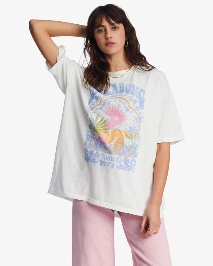 Billabong Graphic Tees and Tanks Women Peace And Love Oversized TShirt Salt Crystal Billabong Graphic Tees and Tanks Women Peace And Love Oversized TShirt Salt Crystal