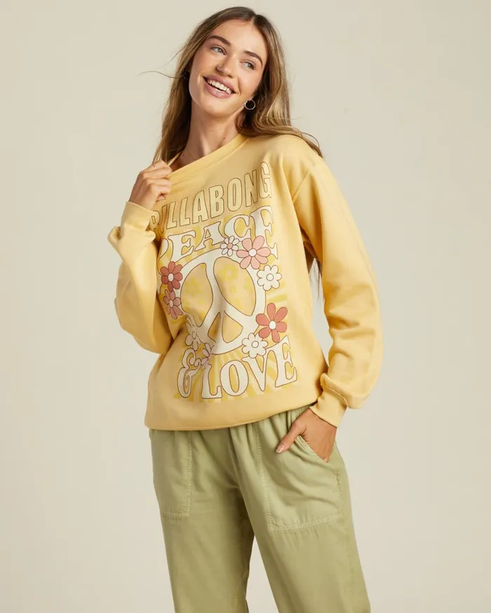 Billabong Hoodies and Fleece Women Peace And Love Crewneck Sweatshirt Mellow Daze Billabong Hoodies and Fleece Women Peace And Love Crewneck Sweatshirt Mellow Daze