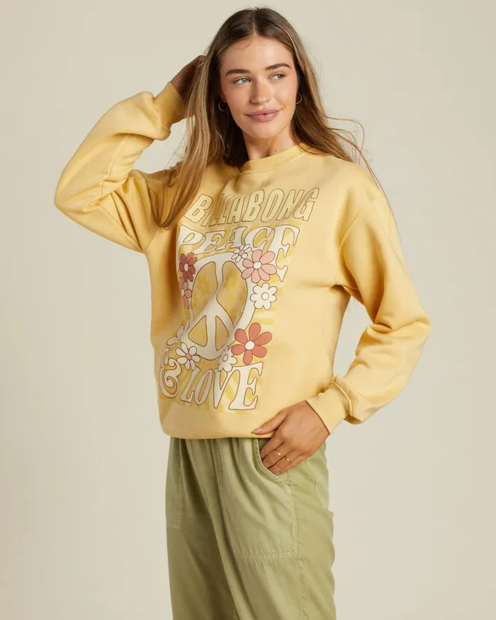 Billabong Hoodies and Fleece Women Peace And Love Crewneck Sweatshirt Mellow Daze Billabong Hoodies and Fleece Women Peace And Love Crewneck Sweatshirt Mellow Daze