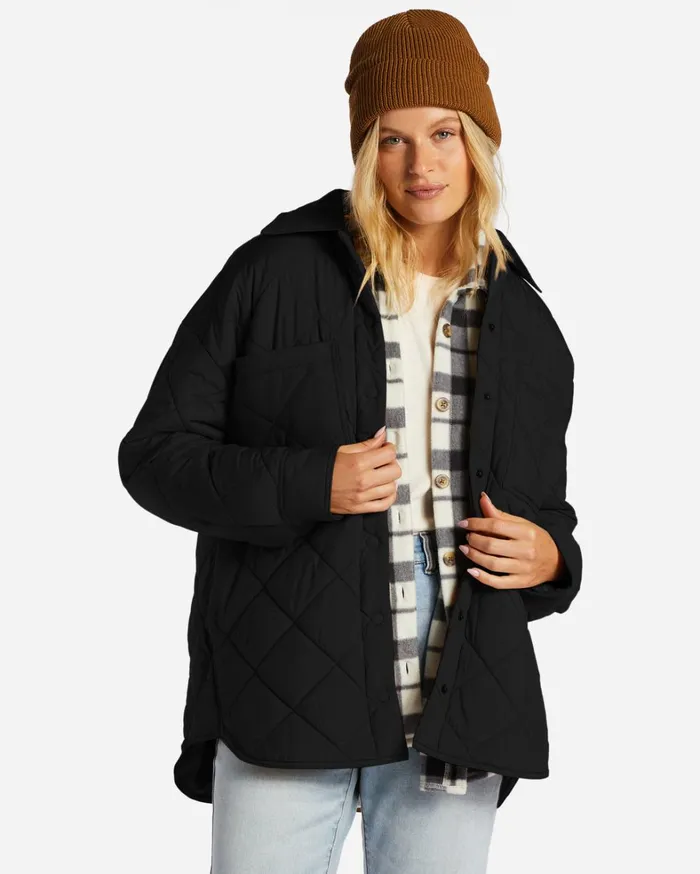 Billabong Jackets Women Transport Shacket Snap Front Overshirt Black