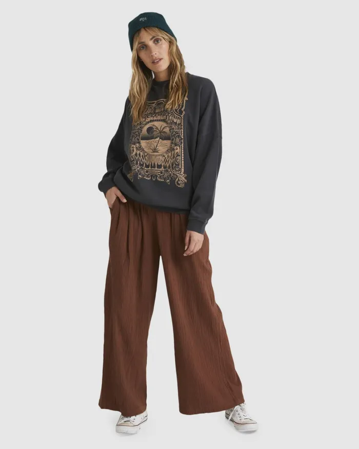 Billabong Pants Women Follow Me HighRise Elastic WaistWaist Pants Dark Choc