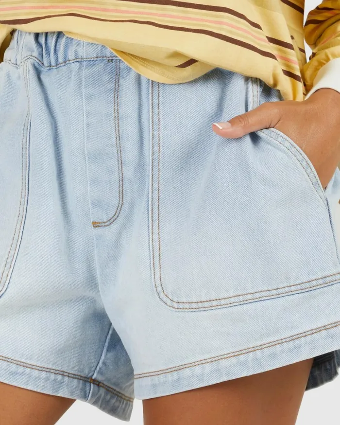 Billabong Shorts Women The Strand Elastic Waist Denim Shorts Light Blue Billabong Shorts Women The Strand Elastic Waist Denim Shorts Light Blue