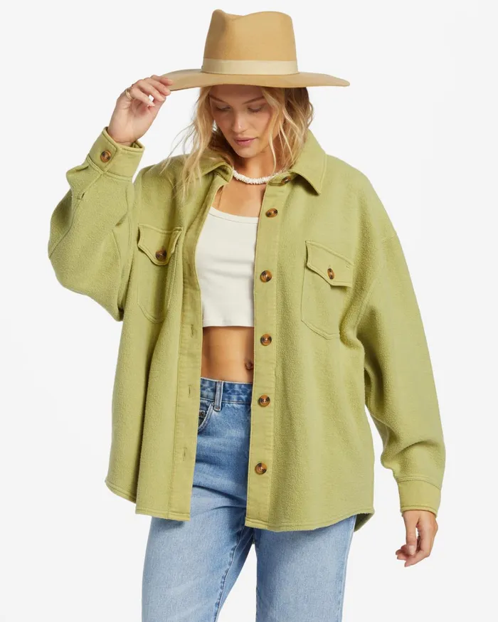 Billabong Tops Women Anytime Shacket Oversized ButtonThrough Jacket Avocado Billabong Tops Women Anytime Shacket Oversized ButtonThrough Jacket Avocado