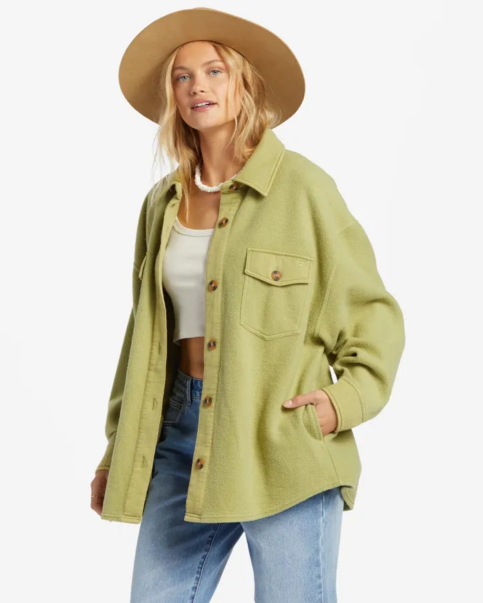 Billabong Tops Women Anytime Shacket Oversized ButtonThrough Jacket Avocado Billabong Tops Women Anytime Shacket Oversized ButtonThrough Jacket Avocado