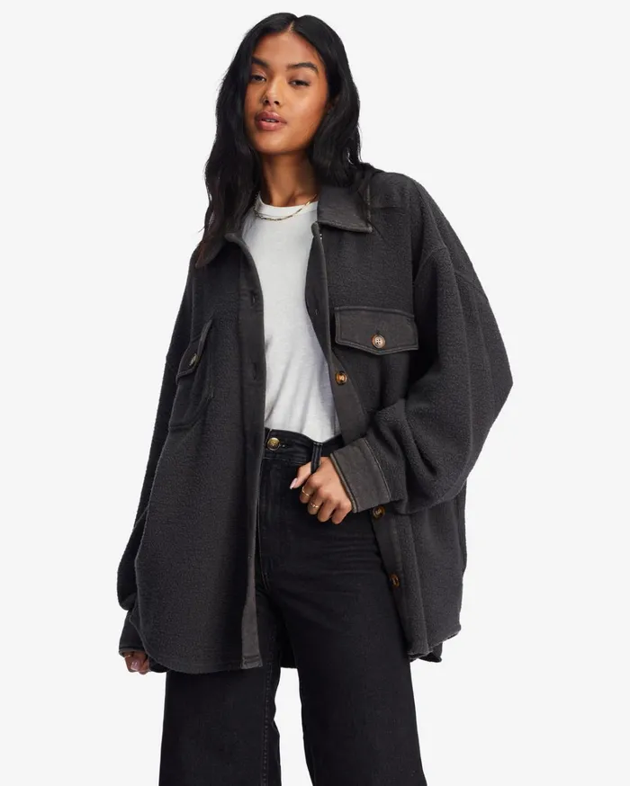 Billabong Tops Women Anytime Shacket Oversized ButtonThrough Jacket Off Black 1 Billabong Tops Women Anytime Shacket Oversized ButtonThrough Jacket Off Black 1