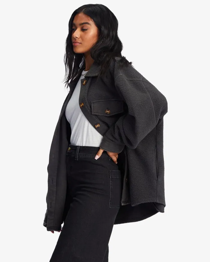 Billabong Tops Women Anytime Shacket Oversized ButtonThrough Jacket Off Black 1 Billabong Tops Women Anytime Shacket Oversized ButtonThrough Jacket Off Black 1