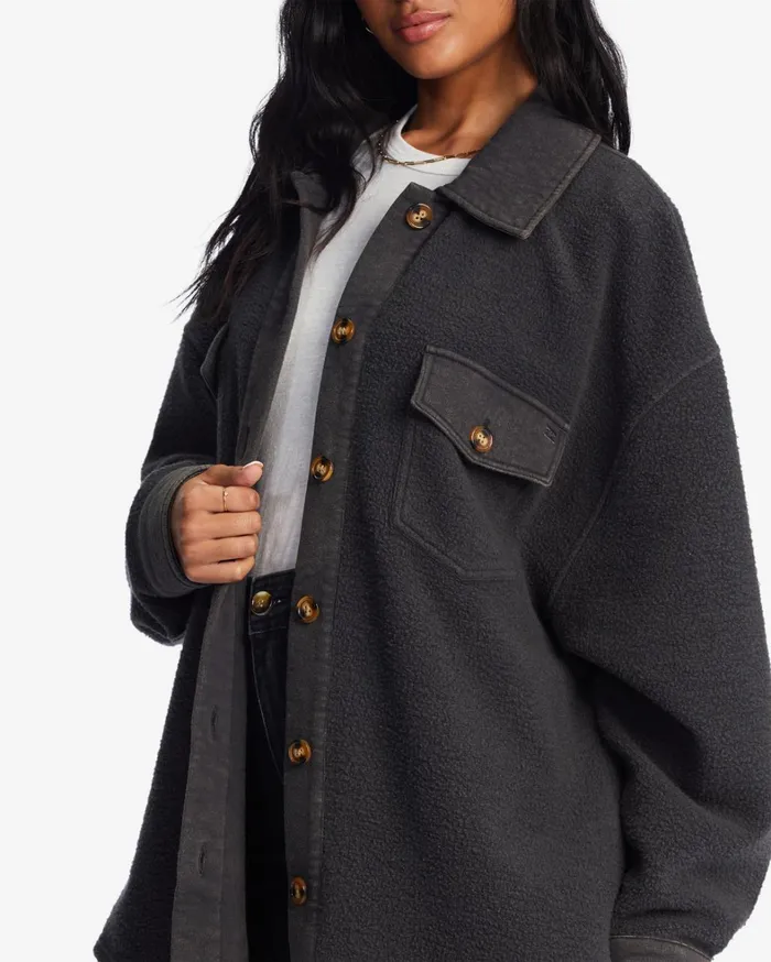 Billabong Tops Women Anytime Shacket Oversized ButtonThrough Jacket Off Black 1 Billabong Tops Women Anytime Shacket Oversized ButtonThrough Jacket Off Black 1