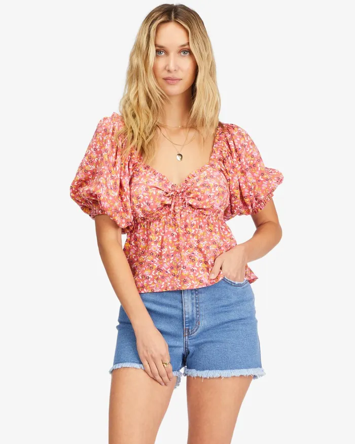 Billabong Tops Women Beachy Babe Puff Sleeve Crop Top Vintage Coral Billabong Tops Women Beachy Babe Puff Sleeve Crop Top Vintage Coral