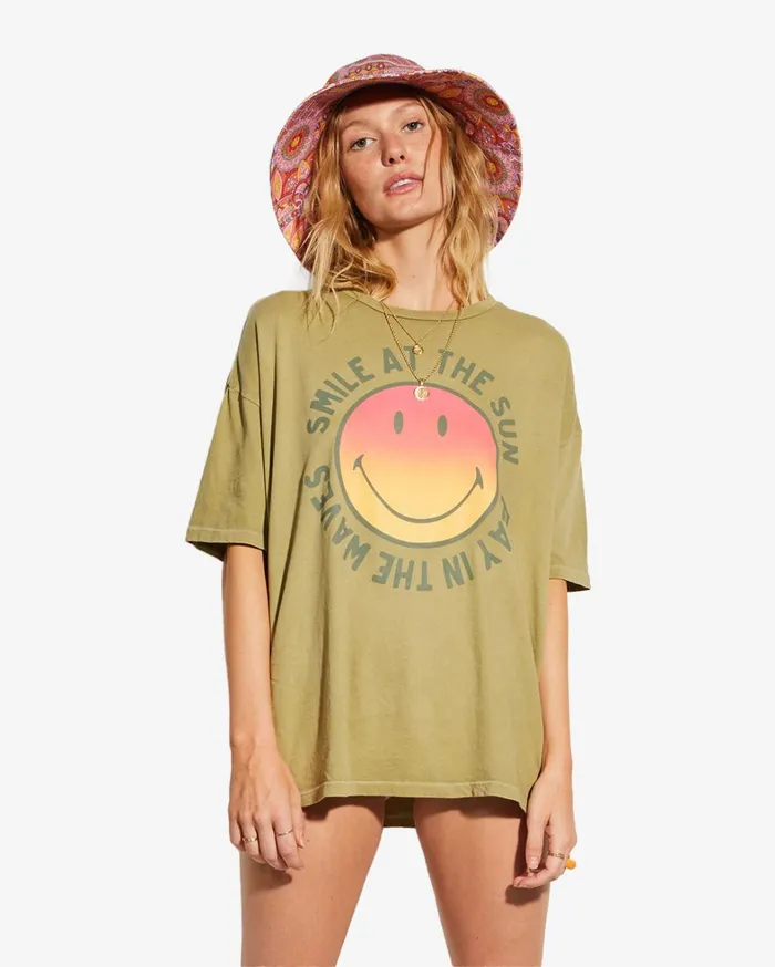 Billabong Tops Women Billabong X Smiley True Boy Oversized TShirt Split Pea Billabong Tops Women Billabong X Smiley True Boy Oversized TShirt Split Pea