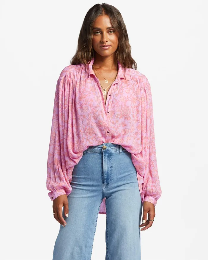 Billabong Tops Women Day After Day Long Sleeve Shirt Pink Trails