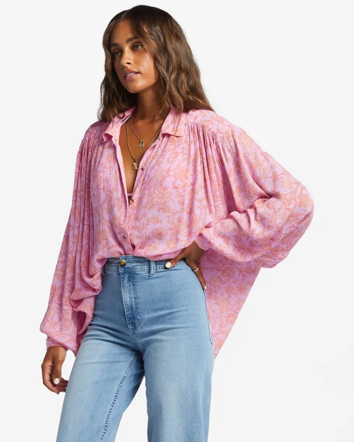 Billabong Tops Women Day After Day Long Sleeve Shirt Pink Trails Billabong Tops Women Day After Day Long Sleeve Shirt Pink Trails