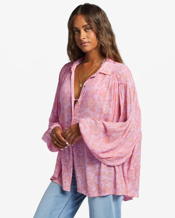 Billabong Tops Women Day After Day Long Sleeve Shirt Pink Trails Billabong Tops Women Day After Day Long Sleeve Shirt Pink Trails