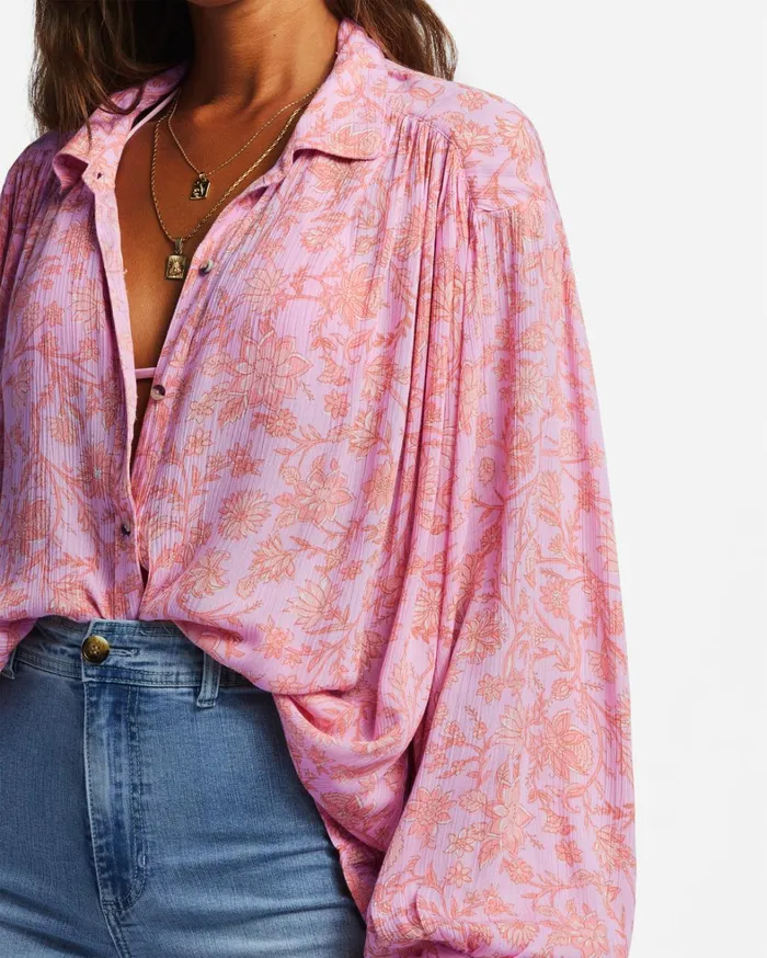 Billabong Tops Women Day After Day Long Sleeve Shirt Pink Trails Billabong Tops Women Day After Day Long Sleeve Shirt Pink Trails