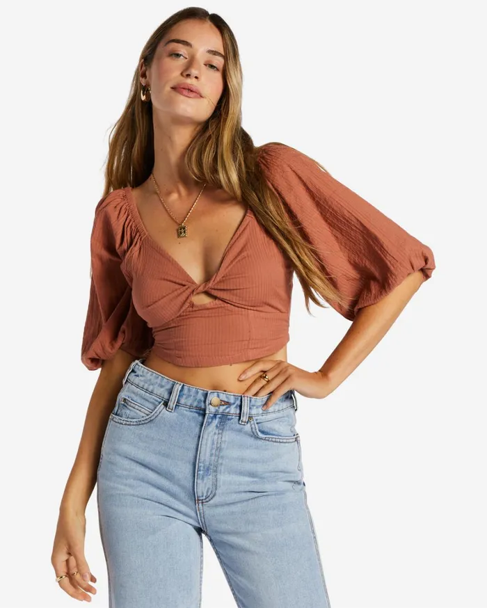 Billabong Tops Women Del Sole Top PuffSleeve Crop Top Sweet Tea Billabong Tops Women Del Sole Top PuffSleeve Crop Top Sweet Tea