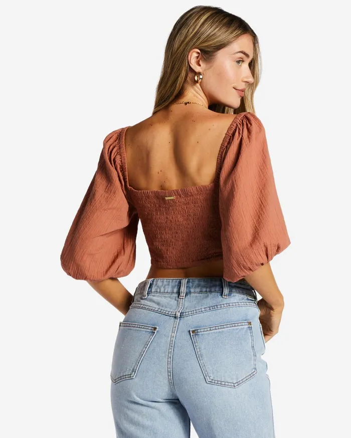 Billabong Tops Women Del Sole Top PuffSleeve Crop Top Sweet Tea Billabong Tops Women Del Sole Top PuffSleeve Crop Top Sweet Tea
