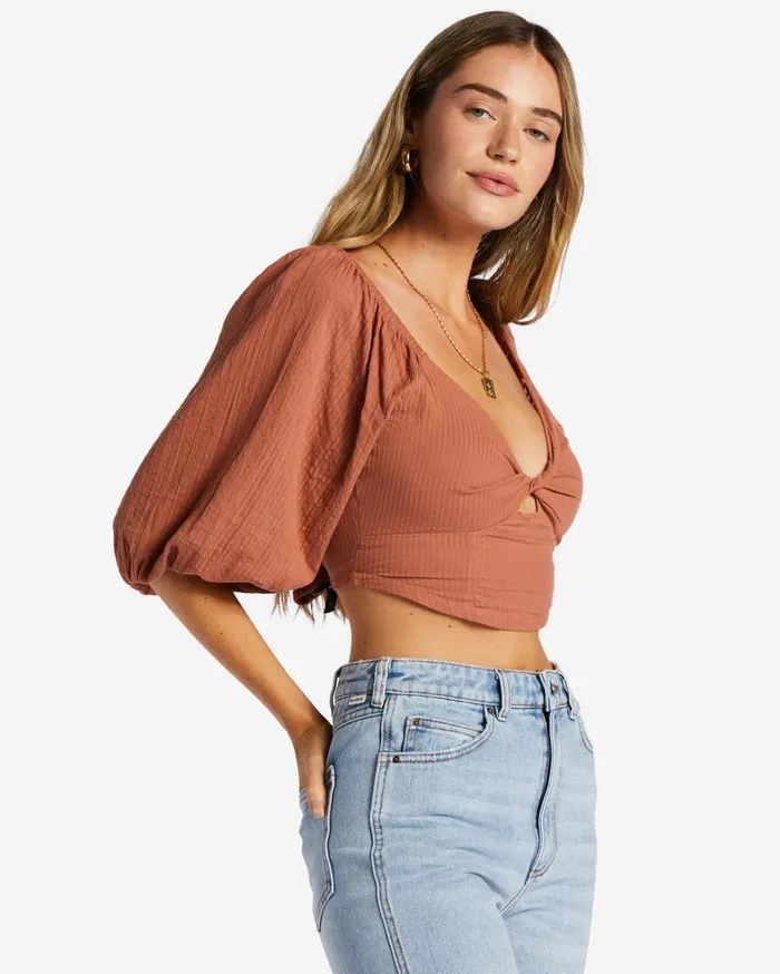 Billabong Tops Women Del Sole Top PuffSleeve Crop Top Sweet Tea Billabong Tops Women Del Sole Top PuffSleeve Crop Top Sweet Tea