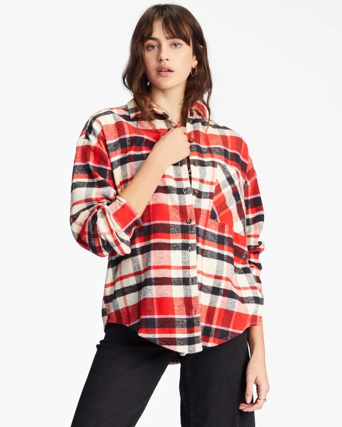 Billabong Tops Women Easy Breezy Long Sleeve ButtonUp Shirt Red Magic