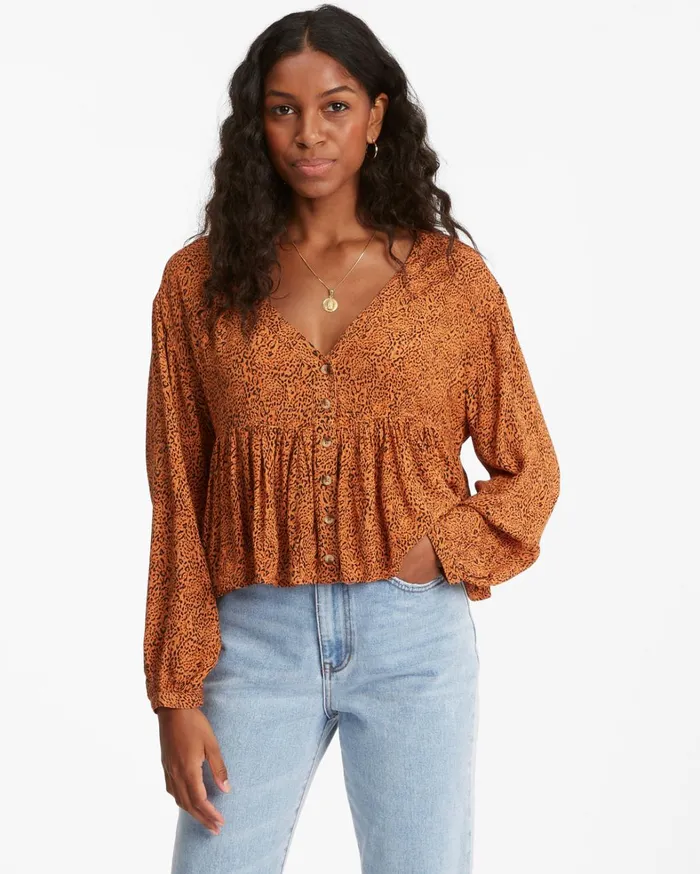 Billabong Tops Women Easy Street Long Sleeve Blouse Toffee