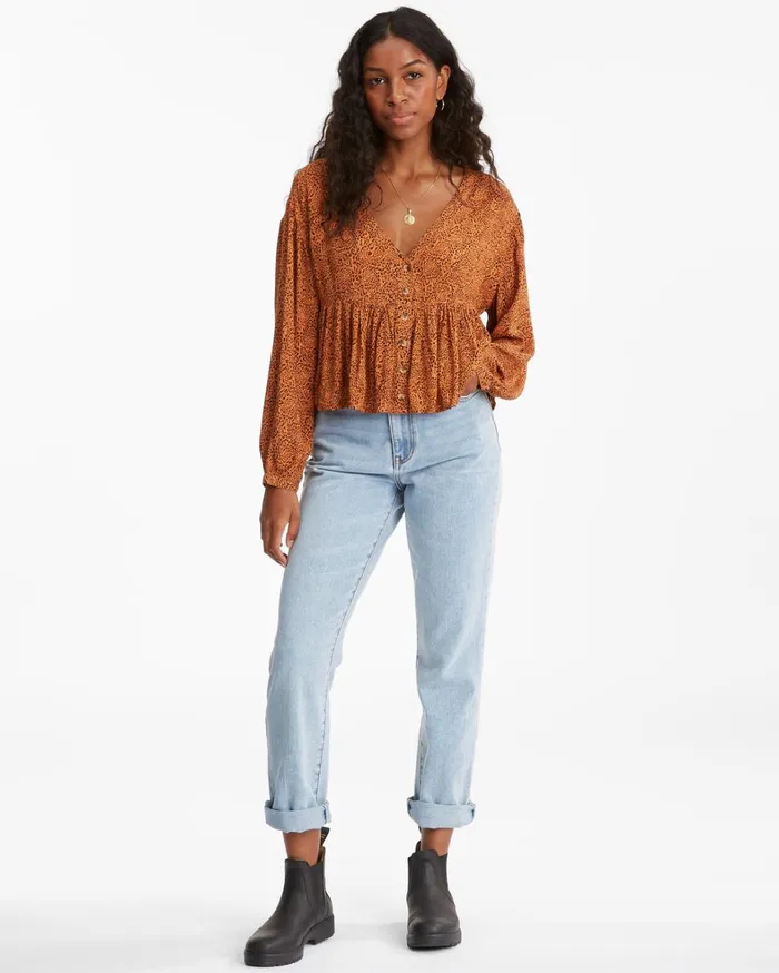 Billabong Tops Women Easy Street Long Sleeve Blouse Toffee Billabong Tops Women Easy Street Long Sleeve Blouse Toffee