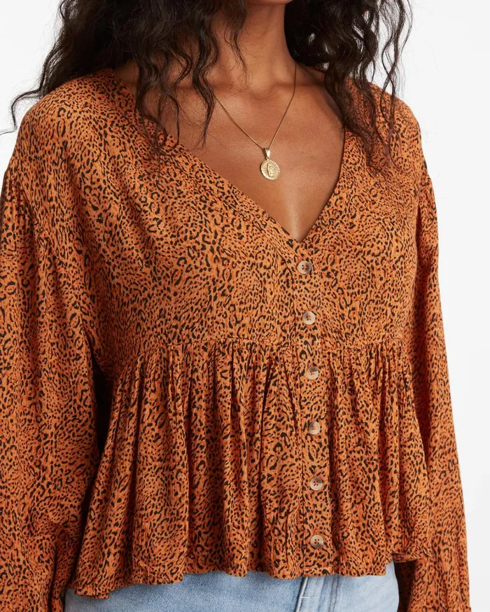 Billabong Tops Women Easy Street Long Sleeve Blouse Toffee Billabong Tops Women Easy Street Long Sleeve Blouse Toffee