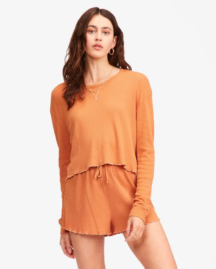 Billabong Tops Women Pick Me Up Waffle Knit Long Sleeve Top Toffee