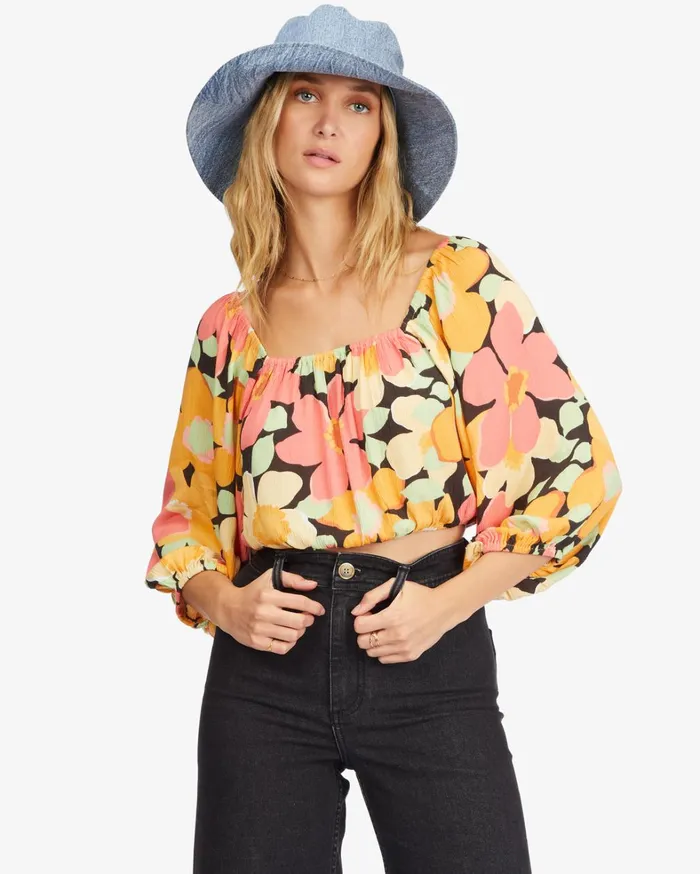 Billabong Tops Women Sun City 2 Puff Sleeve Crop Top Multi