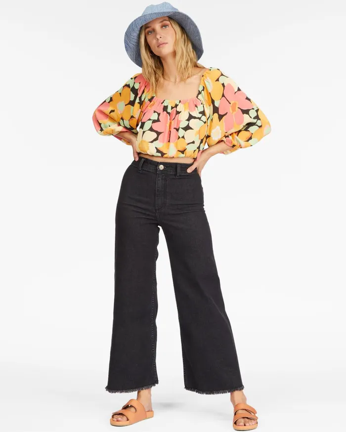 Billabong Tops Women Sun City 2 Puff Sleeve Crop Top Multi Billabong Tops Women Sun City 2 Puff Sleeve Crop Top Multi