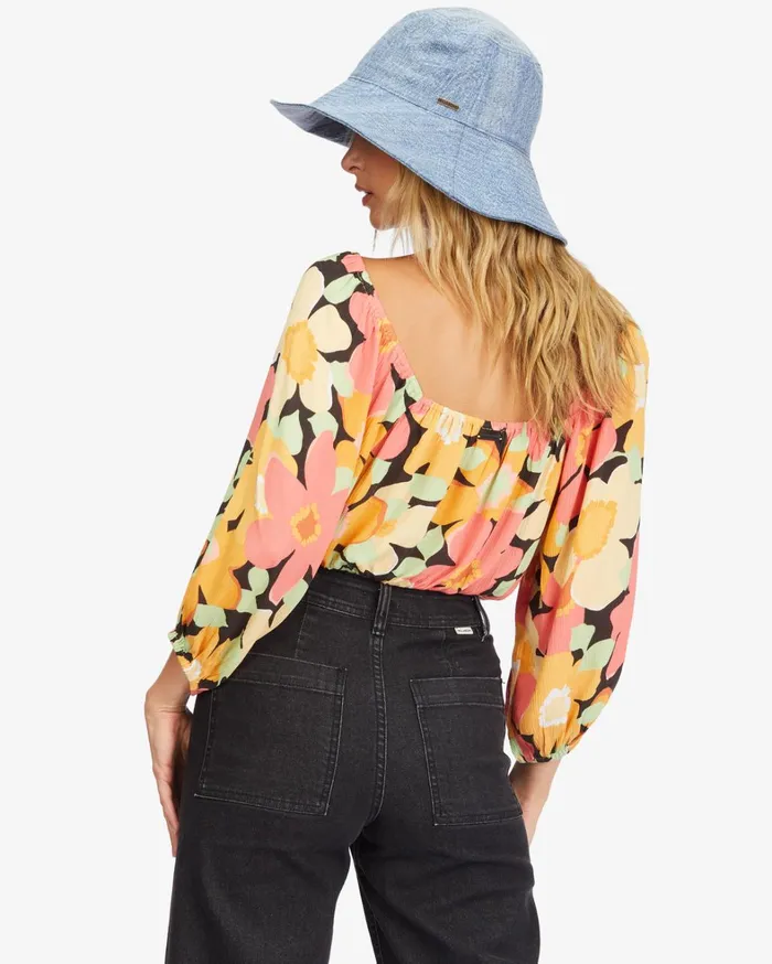 Billabong Tops Women Sun City 2 Puff Sleeve Crop Top Multi Billabong Tops Women Sun City 2 Puff Sleeve Crop Top Multi