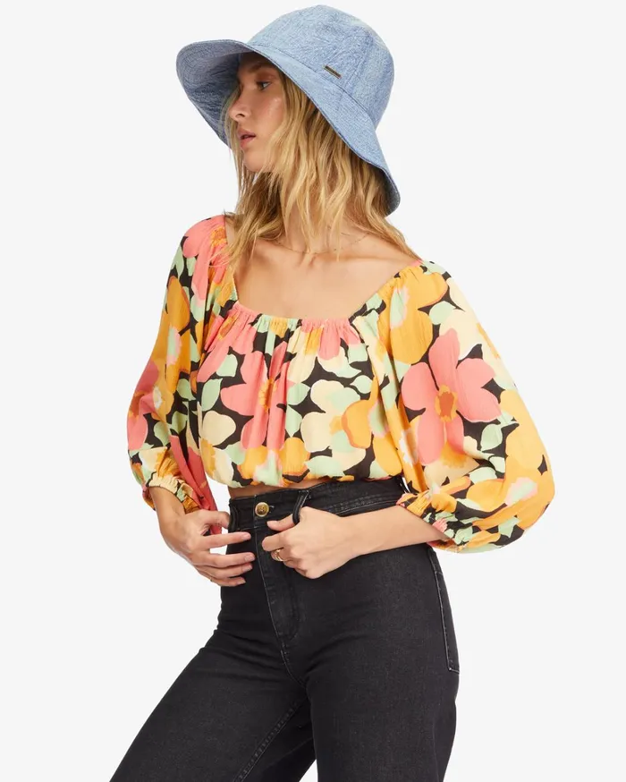 Billabong Tops Women Sun City 2 Puff Sleeve Crop Top Multi Billabong Tops Women Sun City 2 Puff Sleeve Crop Top Multi
