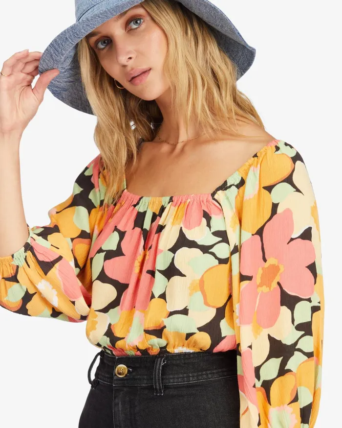 Billabong Tops Women Sun City 2 Puff Sleeve Crop Top Multi Billabong Tops Women Sun City 2 Puff Sleeve Crop Top Multi