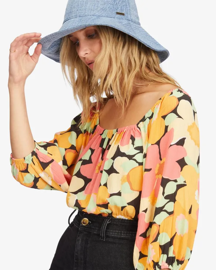 Billabong Tops Women Sun City 2 Puff Sleeve Crop Top Multi Billabong Tops Women Sun City 2 Puff Sleeve Crop Top Multi