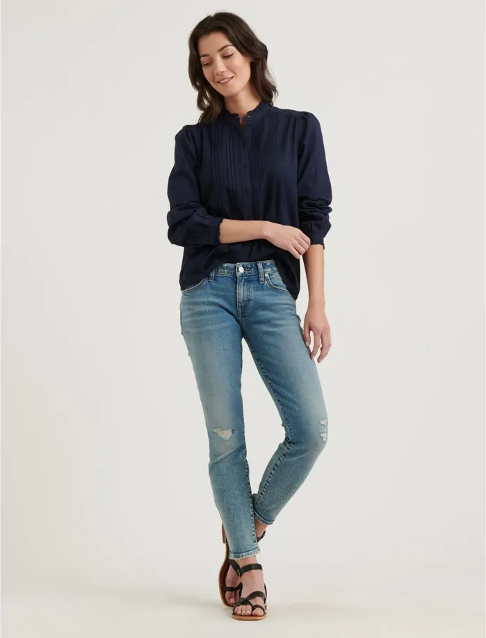 Blouses Women Lucky Brand Claudine Pintuck Shirt American Navy