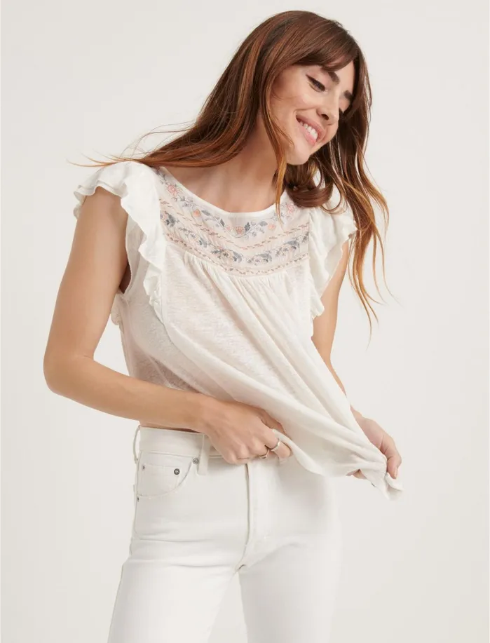 Blouses Women Lucky Brand Embroidered Flutter Sleeve Top Cream Multi