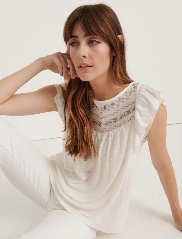 Blouses Women Lucky Brand Embroidered Flutter Sleeve Top Cream Multi