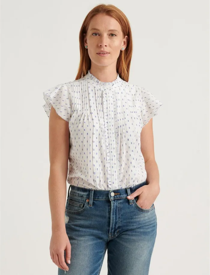 Blouses Women Lucky Brand Flutter Sleeve Poet Blouse Top Blue Multi