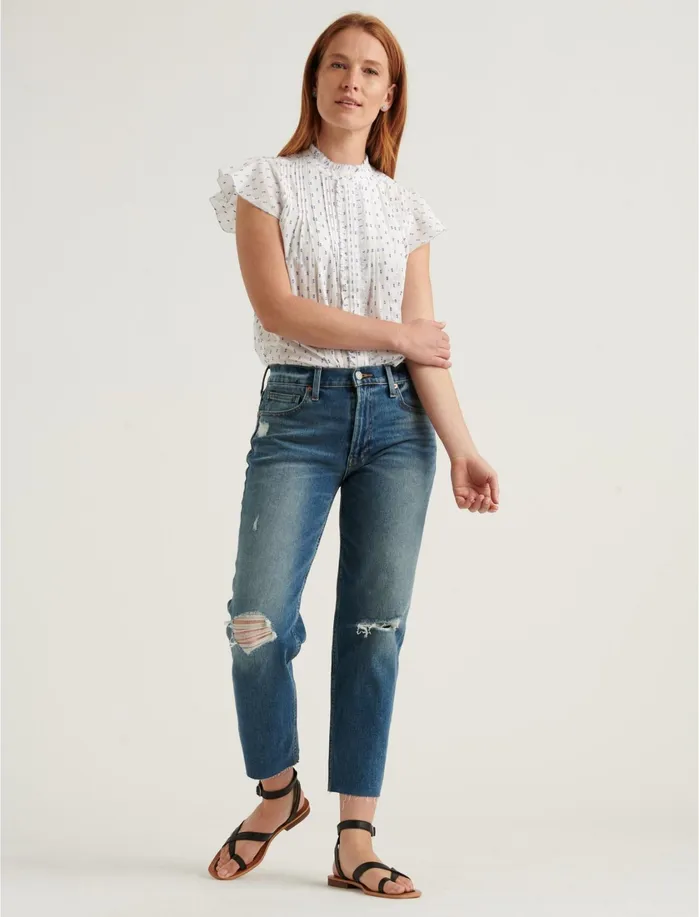 Blouses Women Lucky Brand Flutter Sleeve Poet Blouse Top Blue Multi