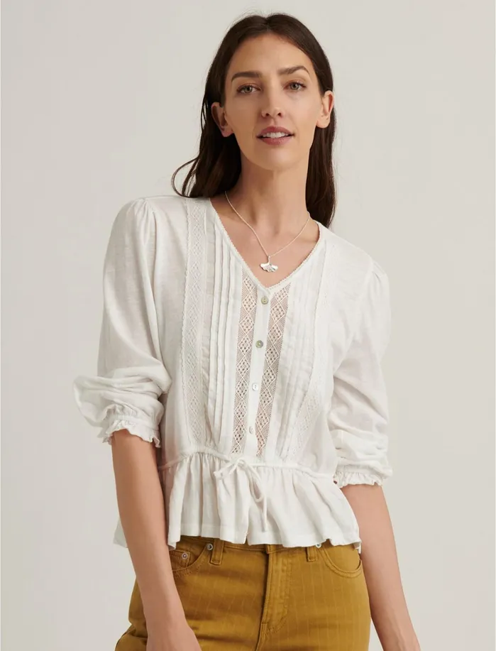 Blouses Women Lucky Brand Lace Tie Waist 3q Sleeve Top Bright White