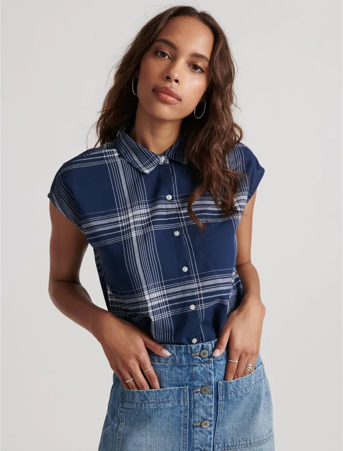 Blouses Women Lucky Brand Plaid Madison Shirt Navy Multi