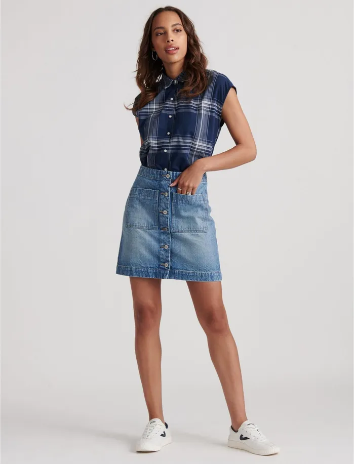 Blouses Women Lucky Brand Plaid Madison Shirt Navy Multi