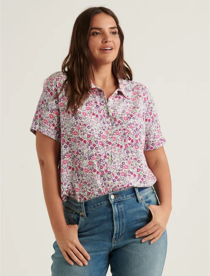 Blouses Women Lucky Brand Tie Front Shirt Pink Multi