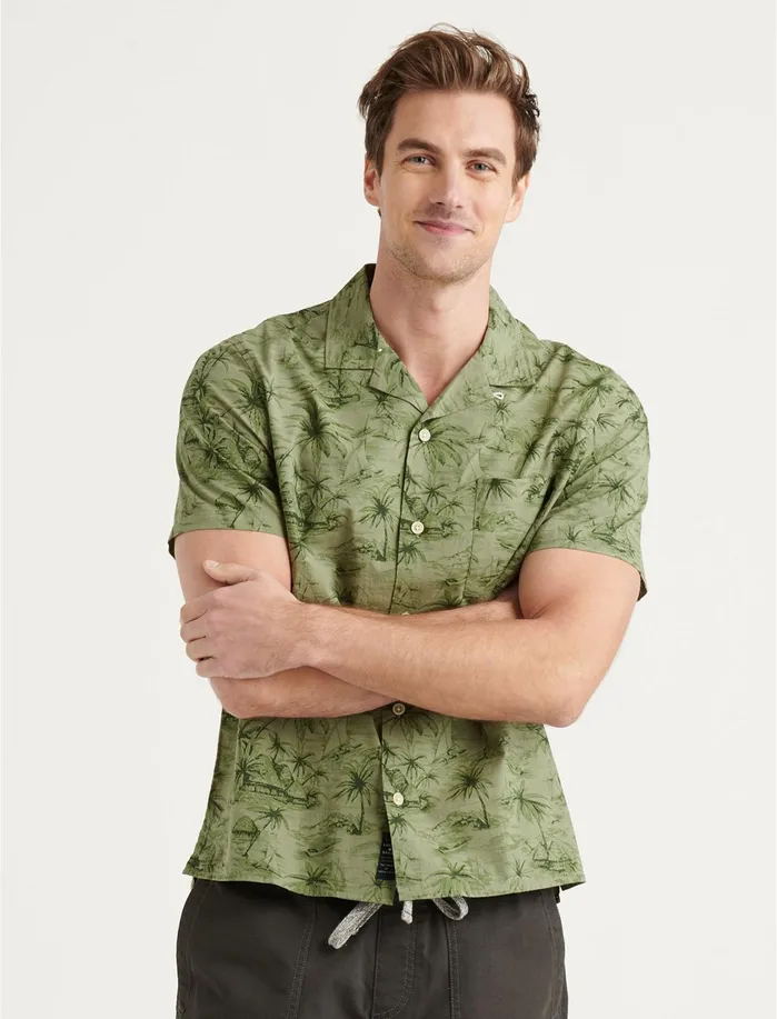 ButtonDowns Men Lucky Brand Club Collar Short Sleeve Shirt Olive Print